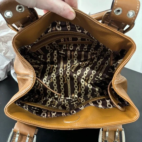 Tignanello Brown Leather Top Handle Satchel Purse Silver Hardware - Picture 9 of 11